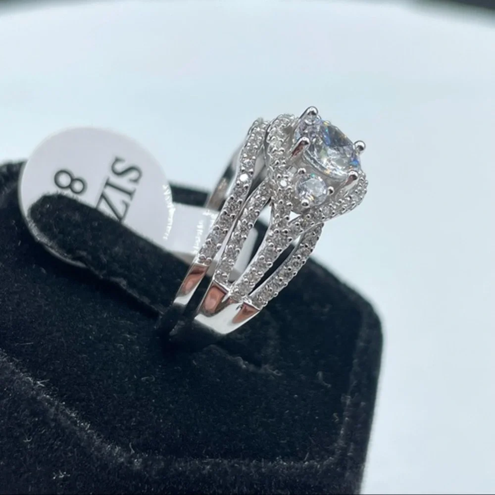 New 925 Sterling Silver CZ Diamond Bridal Wedding Ring Set Halo 2 Band